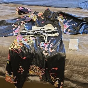 Black Floral Satin Kimono Robe with Obi Belt